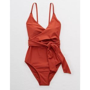 Aerie Wrap One Piece Swimsuit Orange Cinnabar size L Full Coverage